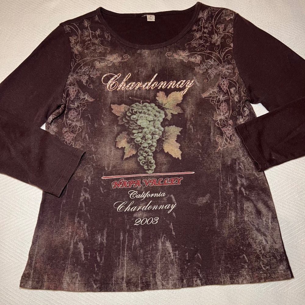 Vintage 2003 Napa Valley Chardonnay Graphic Tee Brown Long Sleeve‎ Rhinestone M